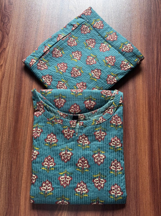 Katha Work - Green Brown Flower - Cord Set - Pure Cotton