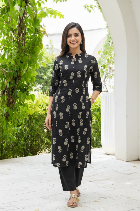 Knee Length - Black Flower - Cord Set - Pure Cotton