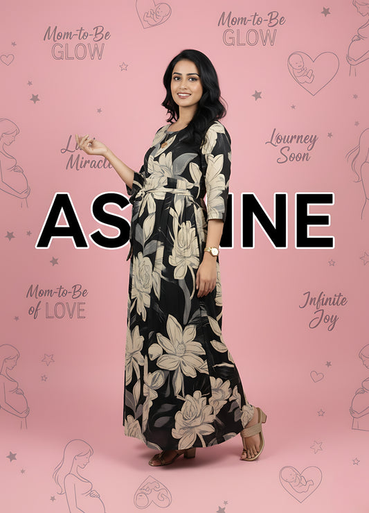Black Cream Rose - Maternity Kurti with Feeding Zips - Soft Rayon