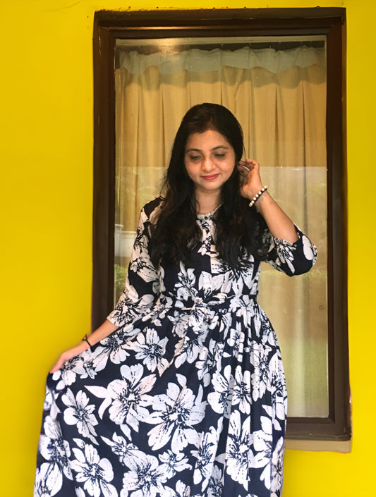 Hibiscus - Navy Blue - Maternity Kurti with Feeding Zips - Cotton Flex - Thicker Fabric