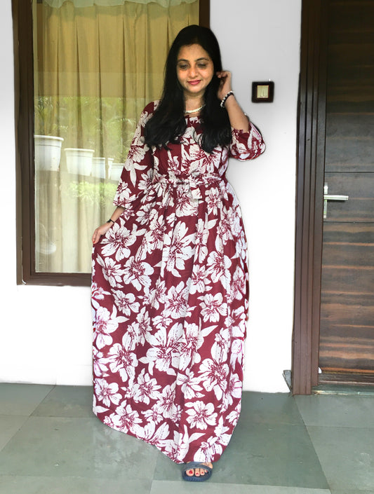 Hibiscus - Maroon - Maternity Kurti with Feeding Zips - Cotton Flex - Thicker Fabric