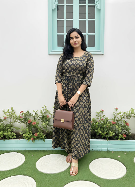 Sunflower - Black & Cream - Maternity Kurti with Feeding Zips - Cotton Flex - Thicker Fabric