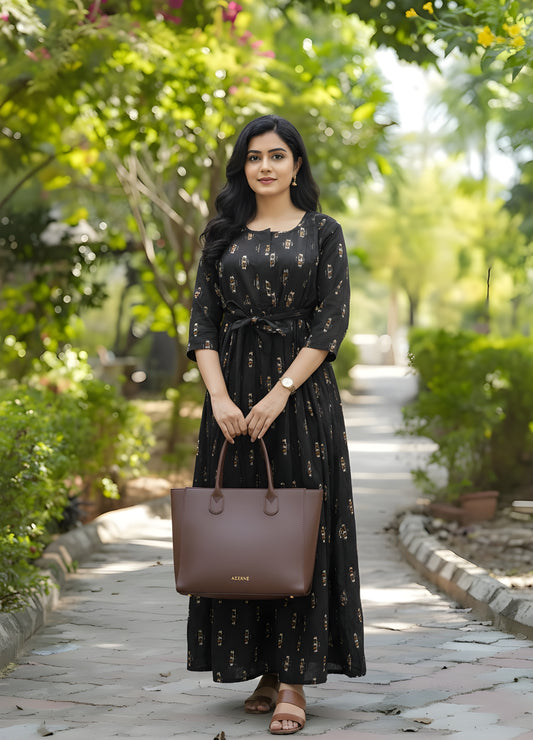 Royal Black Ajrakh - Maternity Kurti with Feeding Zips - Cambric Cotton