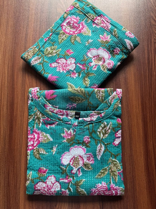 Katha Work - Green Pink Flower - Cord Set - Pure Cotton