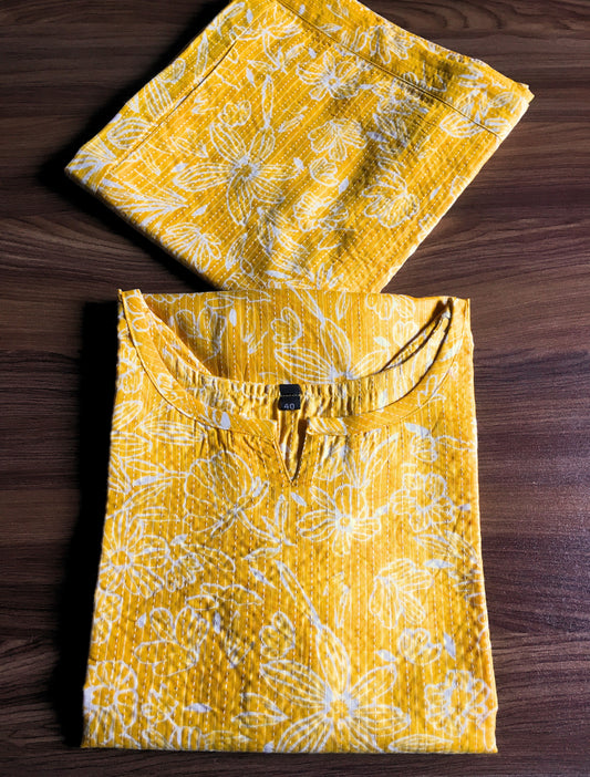 Katha Work - Yellow White Flower - Cord Set - Pure Cotton