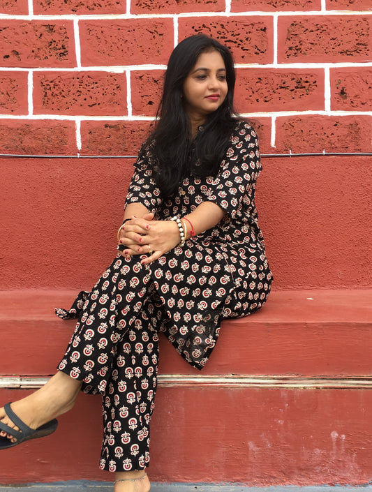Knee Length- Ajrakh Sunflower Black - Cord Sets - Pure Cotton