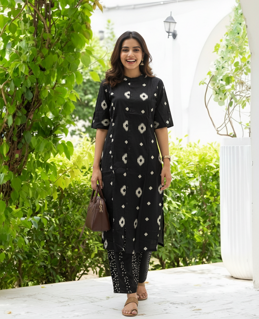 Knee Length - Black Square - Cord Set - Pure Cotton