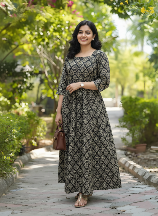 Black Dessert Flower - Maternity Kurti with Feeding Zips - Cotton Flex - Thicker Fabric
