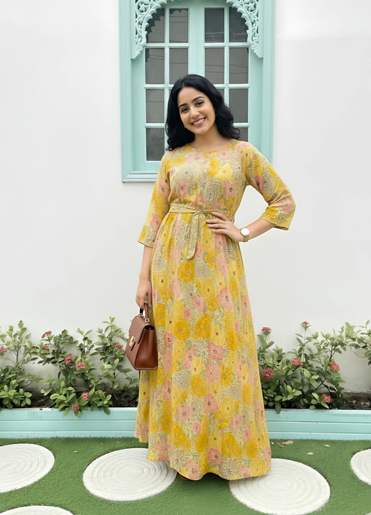 Yellow Pink Rose - Maternity Kurti with Feeding Zips - Soft Rayon