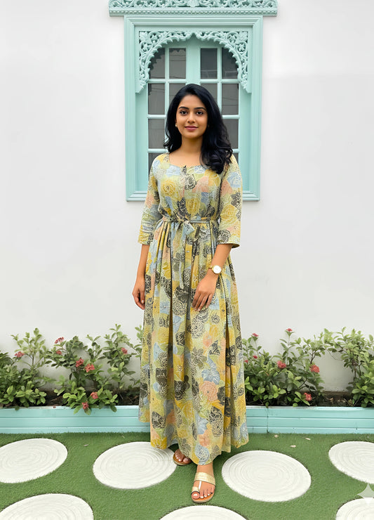 Sea Green Pink Rose - Maternity Kurti with Feeding Zips - Soft Rayon