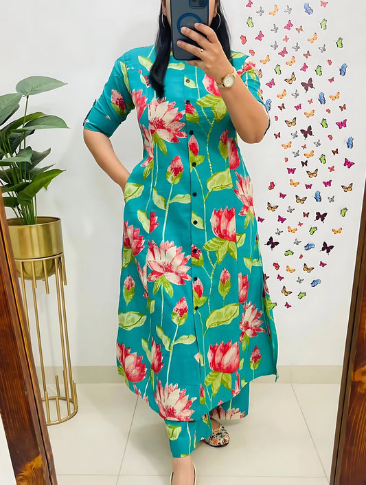 Knee Length - Green Lotus - Cord Sets - Pure Cotton