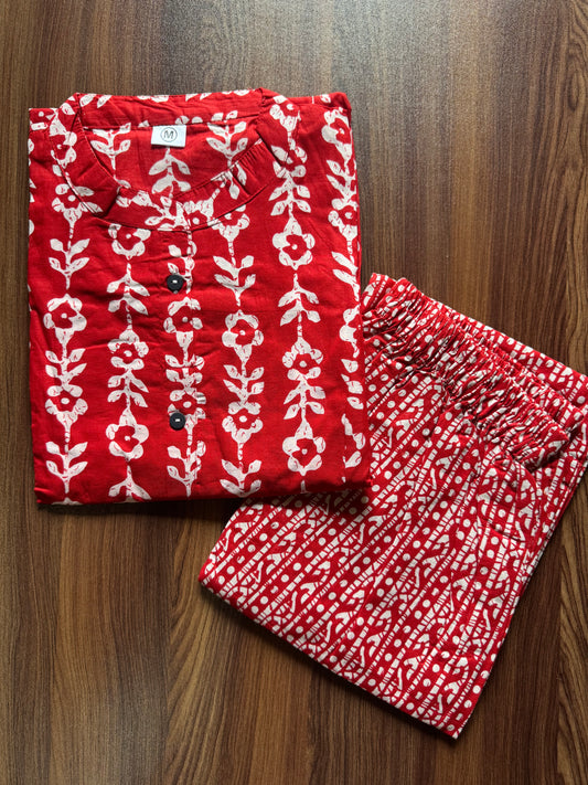 Knee Length - Red Cream Flower - Cord Sets - Pure Cotton