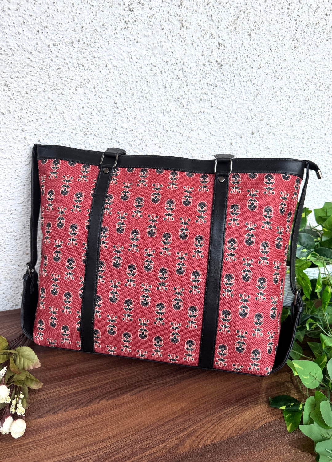 Maroon Ajrakh - Office & College Tote Bag with Laptop Compartment