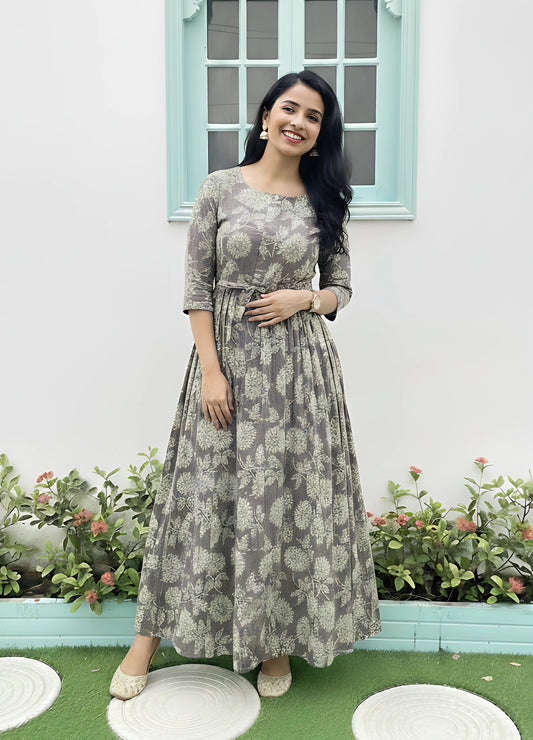 White Grey Flower - Maternity Kurti with Feeding Zips - Soft Rayon