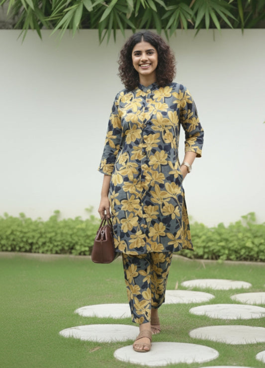 Knee Length - Blue Cream Jasmine - Cord Sets - Soft Rayon