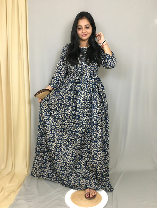 Tulip Flower - Blue - Maternity Kurti with Feeding Zips - Cotton Flex - Thicker Fabric