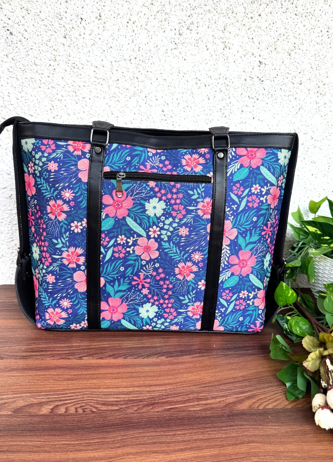 Blue Pink Flower - Office & College Tote Bag with Laptop Compartment