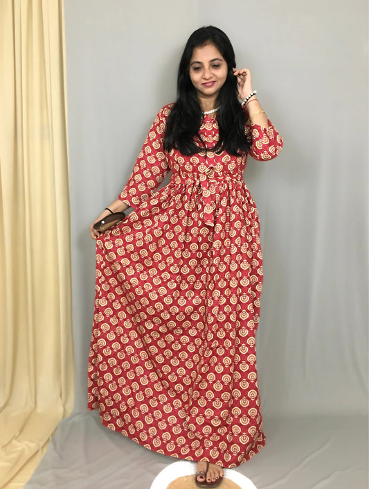 Sunflower - Red - Maternity Kurti with Feeding Zips - Cotton Flex - Thicker Fabric