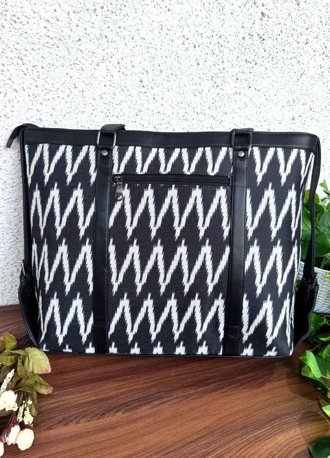 Black Zigzag - Office & College Tote Bag with Laptop Compartment