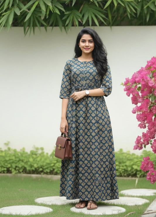 Sunflower  - Blue - Maternity Kurti with Feeding Zips - Cotton Flex - Thicker Fabric