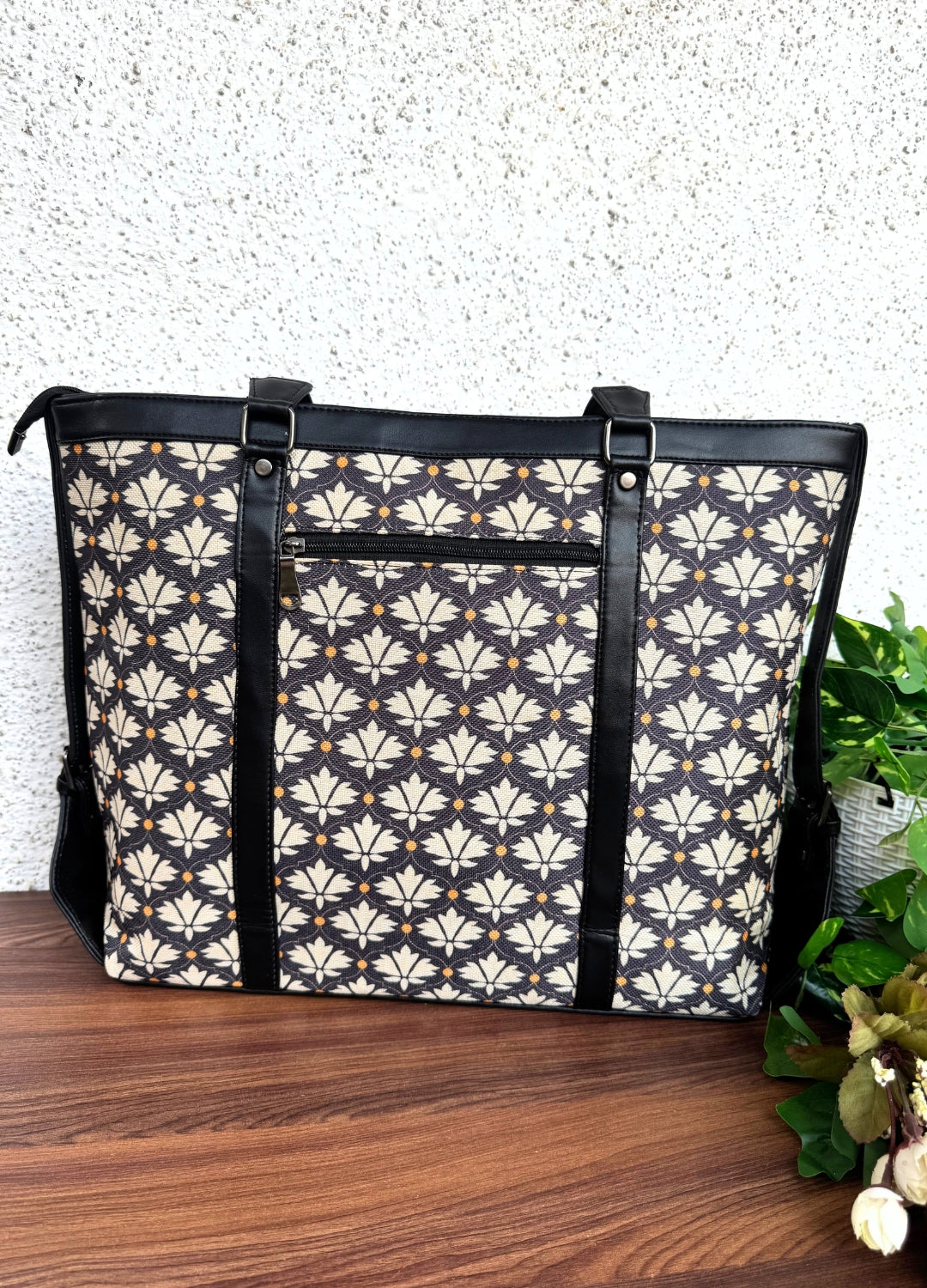 Black White Flower - Office & College Tote Bag with Laptop Compartment