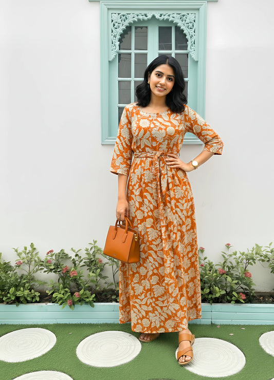 Leafy Stripes - Orange - Maternity Kurti with Feeding Zips - Soft Rayon