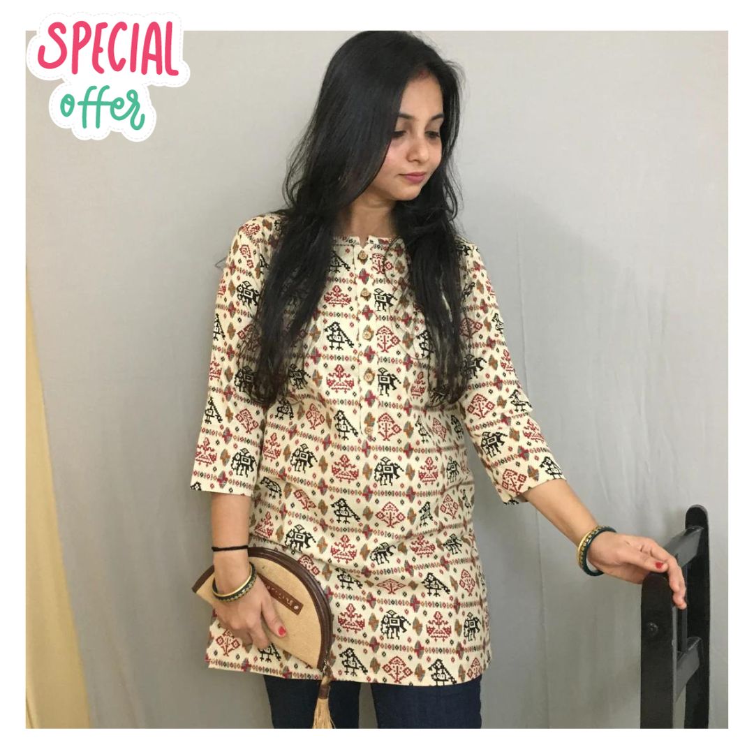Patola Print Short Kurti - Green - Pure Cotton