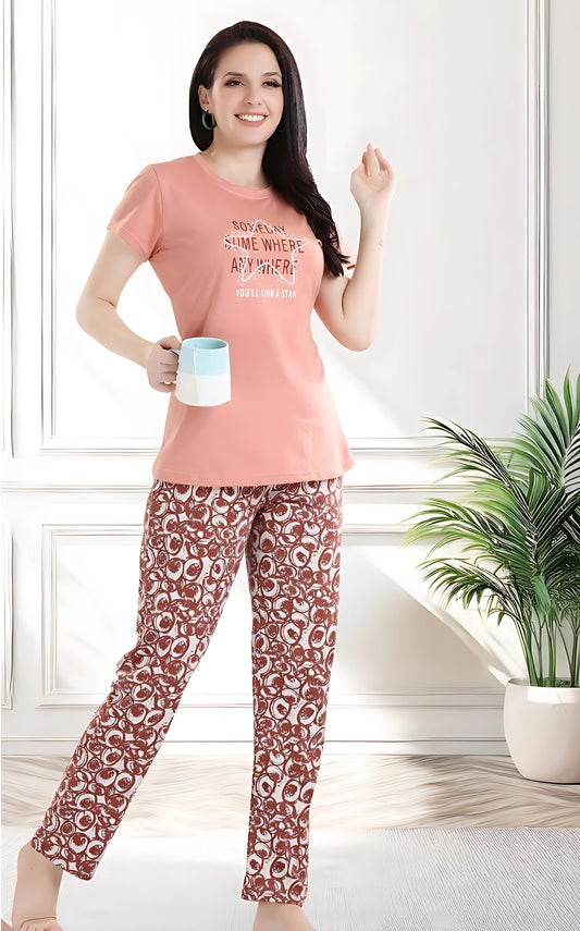 Hosiery Cotton Night Suit - Peach Star