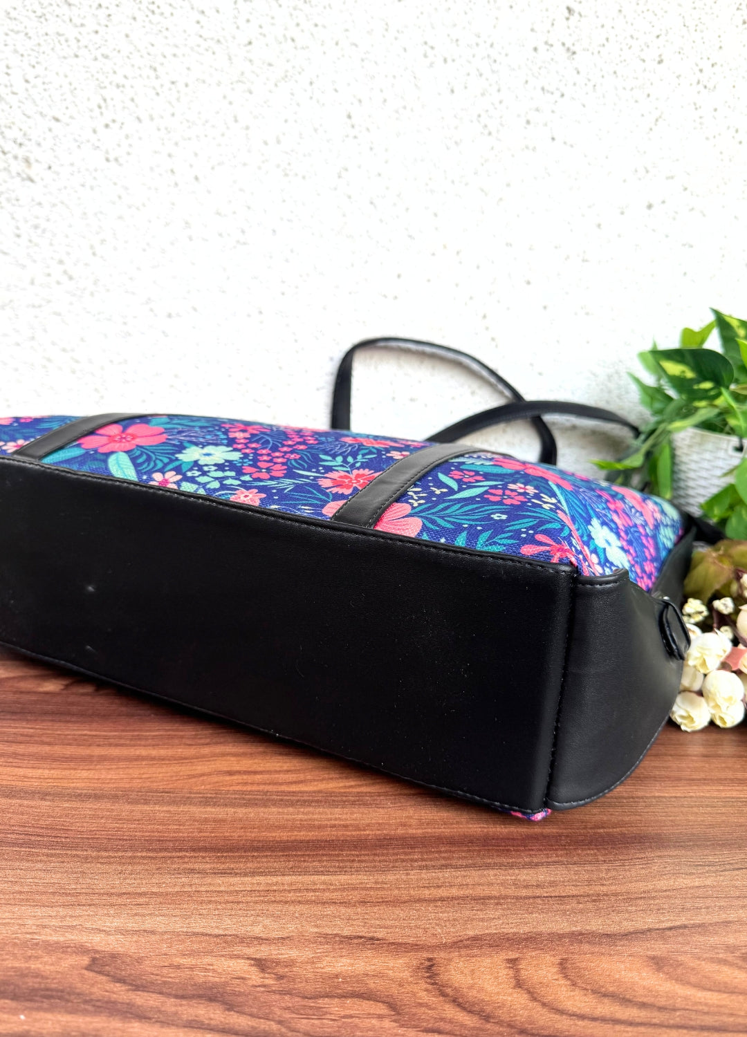 Blue Pink Flower - Office & College Tote Bag with Laptop Compartment