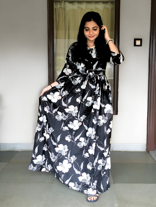 Flower & Leafs - Black - Maternity Kurti with Feeding Zips - Cotton Flex - Thicker Fabric