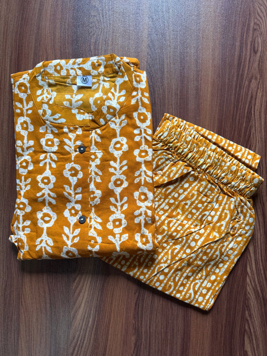 Knee Length - Yellow Cream Flower - Cord Sets - Pure Cotton