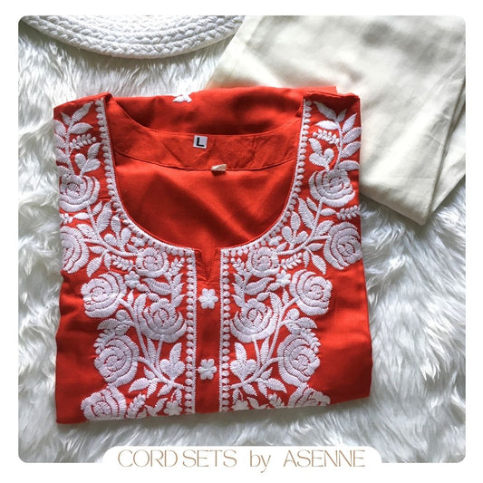 Red - Rose Embroidery Design Kurti with Pant  - Cord Set