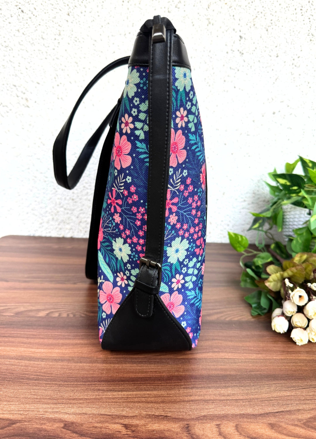 Blue Pink Flower - Office & College Tote Bag with Laptop Compartment