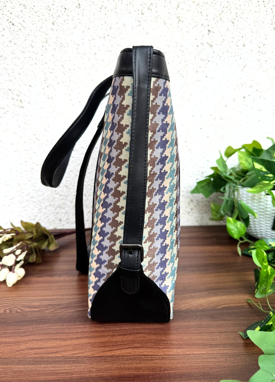 Blue Brown Checks - Office & College Tote Bag with Laptop Compartment