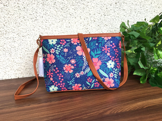 Minsk - 3 zip- Big size - Sling Bag - Blue Pink Flower