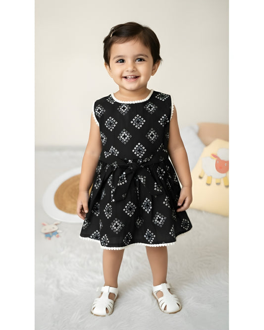 Baby Frock - Black Square Bandhani