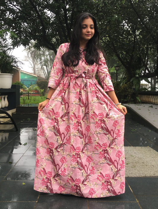 Hibiscus - Baby Pink - Maternity Kurti with Feeding Zips - Cotton Flex - Thicker Fabric