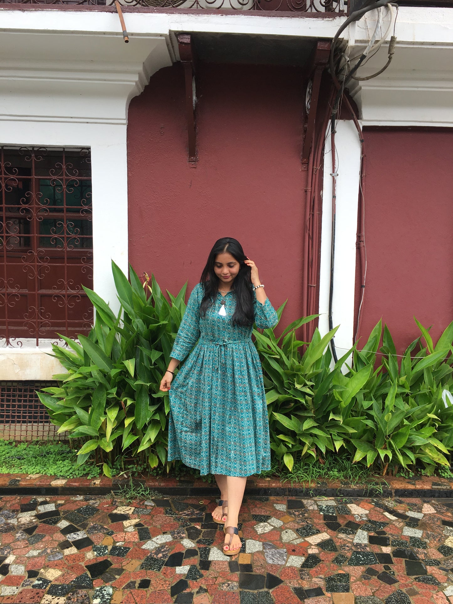 New York Style - Flared Dress - Maternity Suitable - Kalamkari Ajrakh - Firozi