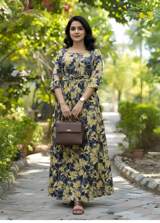 Blue Cream Jasmine - Maternity Kurti with Feeding Zips - Soft Rayon