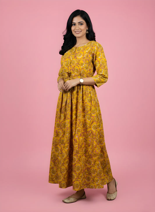 Yellow Flower - Maternity Kurti with Feeding Zips - Cambric Cotton