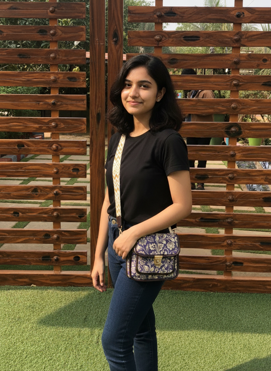 Feista - Purple Flower - 4 Zips - pockets sling bag with Aztec Belt