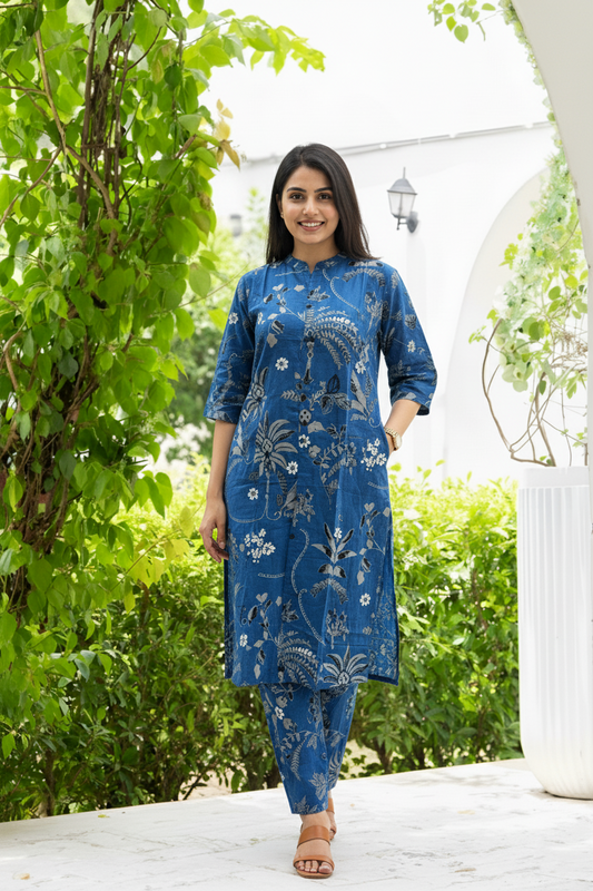 Knee Length - Blue Black Flower - Cord Sets - Pure Cotton