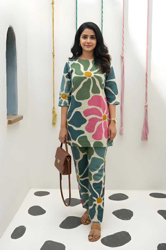 BIg Sunflower - Blue Green Pink - Cord Set - Pure Cotton