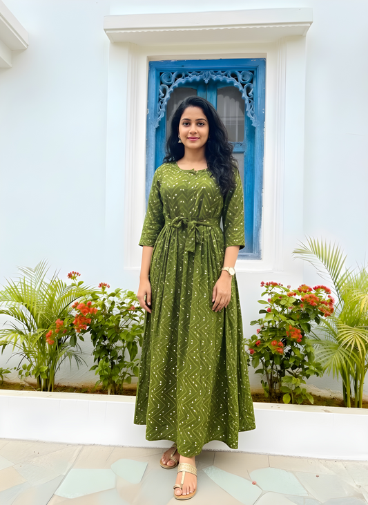 Green ZigZag Bandhani - Maternity Kurti with Feeding Zips - Soft Rayon