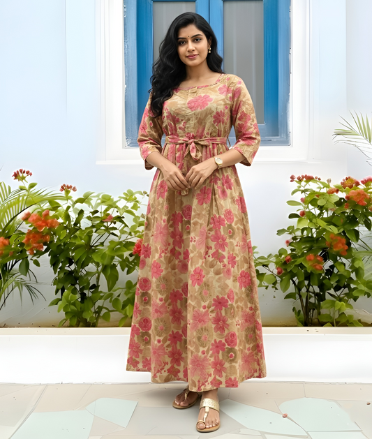 Daisy Baby Pink & Brown - Maternity Kurti with Feeding Zips - Cotton Flex - Thicker Fabric