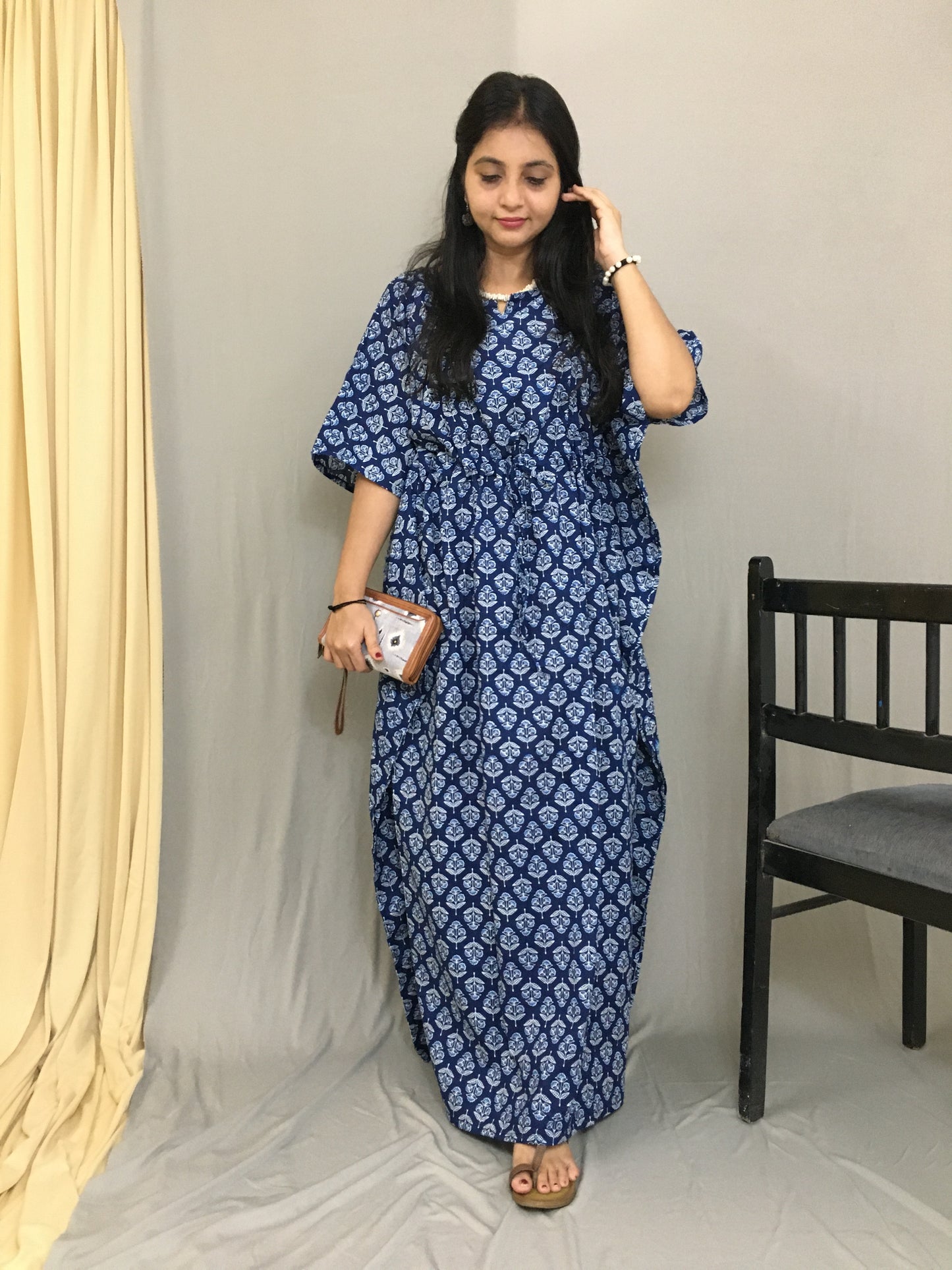 Maternity / Feeding Zips - Kaftan - Free Size - Pure Cotton - Dno - 37 - Blue