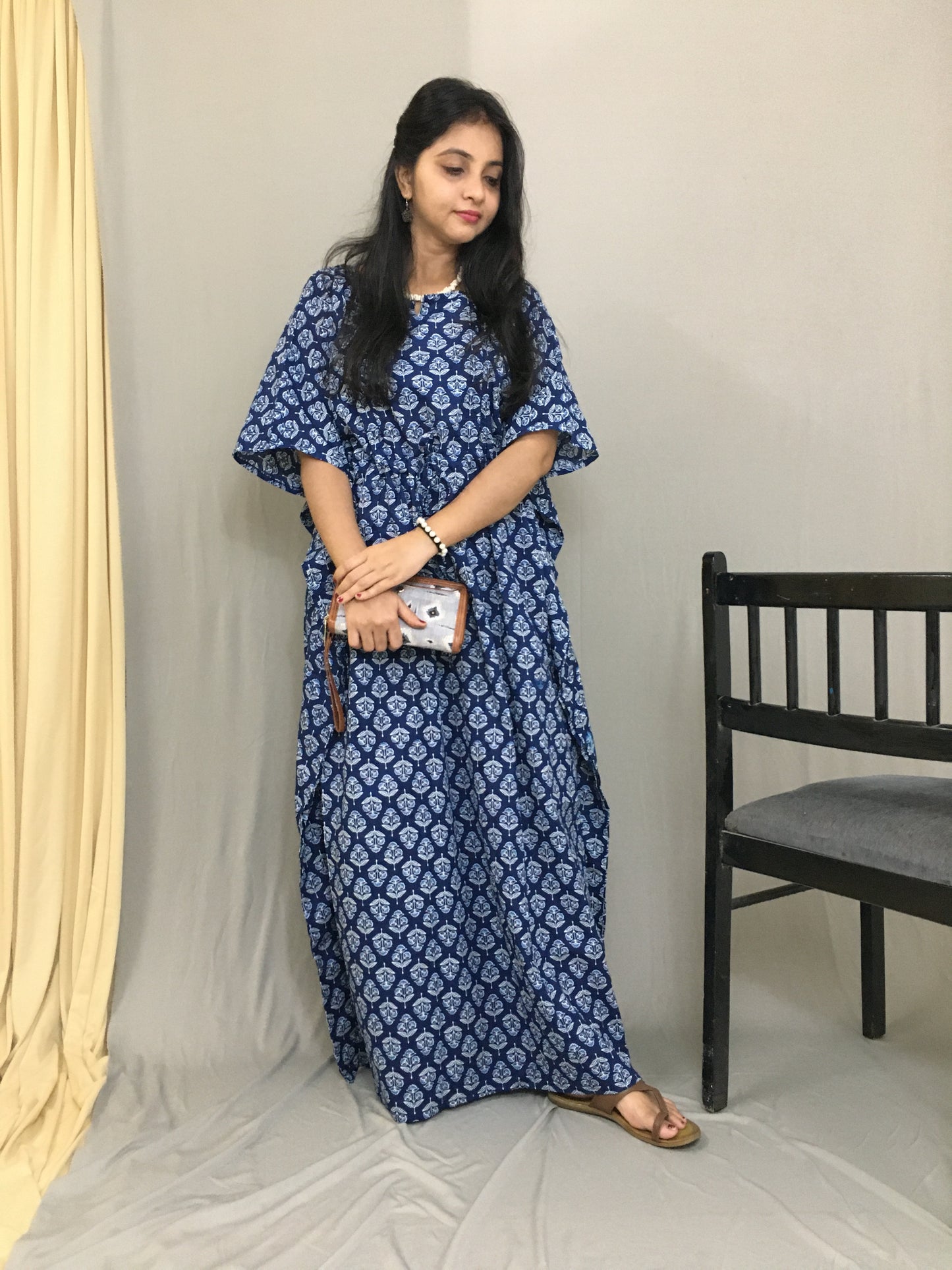 Maternity / Feeding Zips - Kaftan - Free Size - Pure Cotton - Dno - 37 - Blue