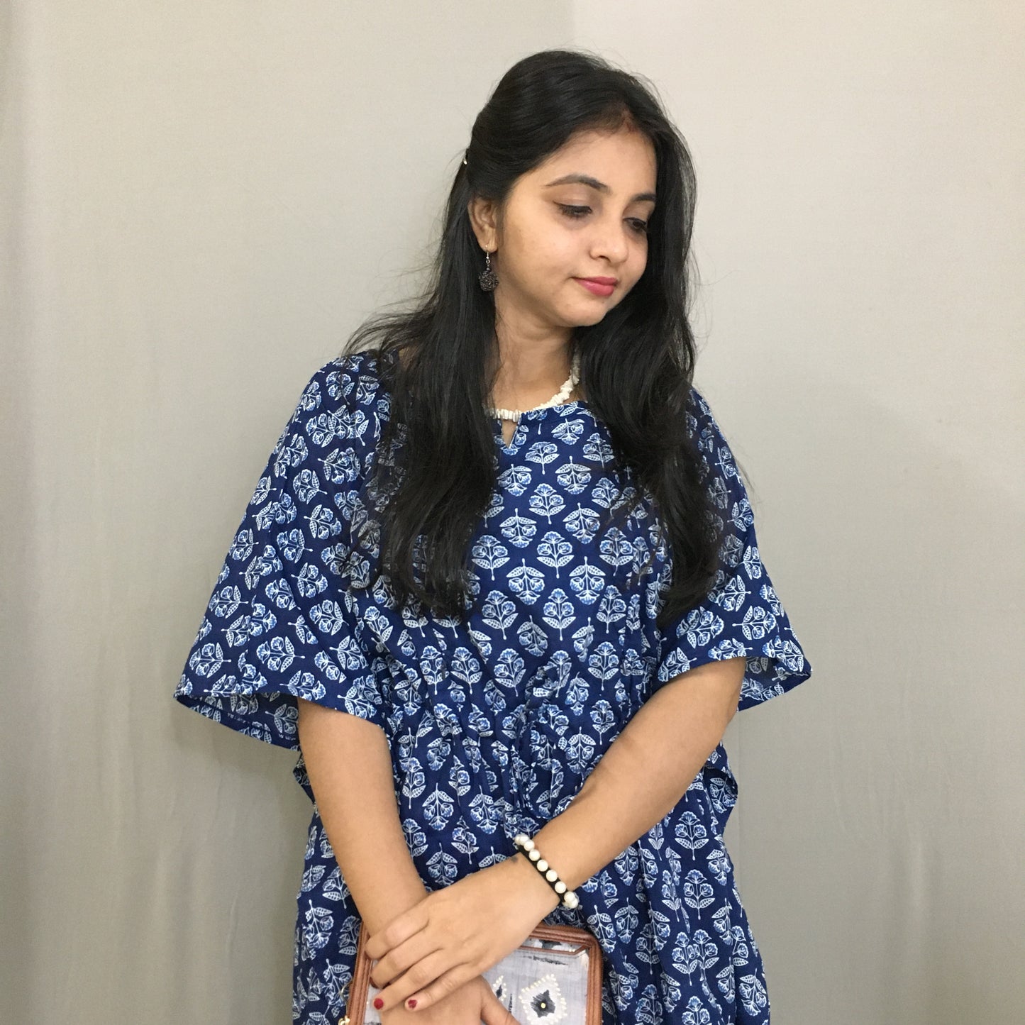Maternity / Feeding Zips - Kaftan - Free Size - Pure Cotton - Dno - 37 - Blue
