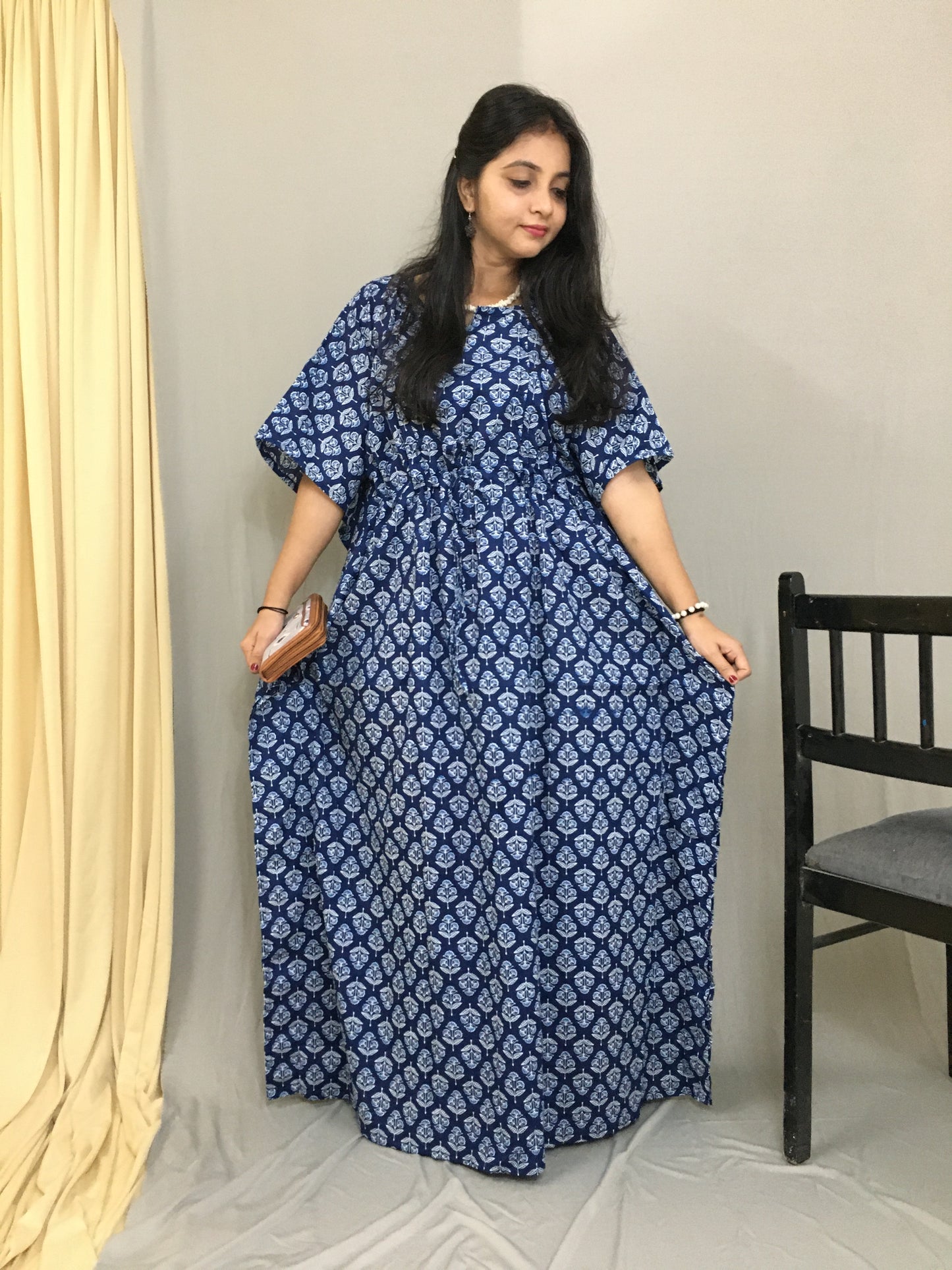 Maternity / Feeding Zips - Kaftan - Free Size - Pure Cotton - Dno - 37 - Blue