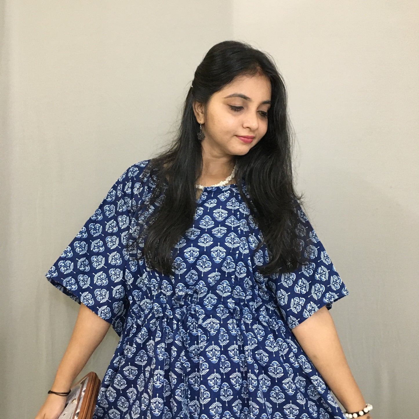 Maternity / Feeding Zips - Kaftan - Free Size - Pure Cotton - Dno - 37 - Blue